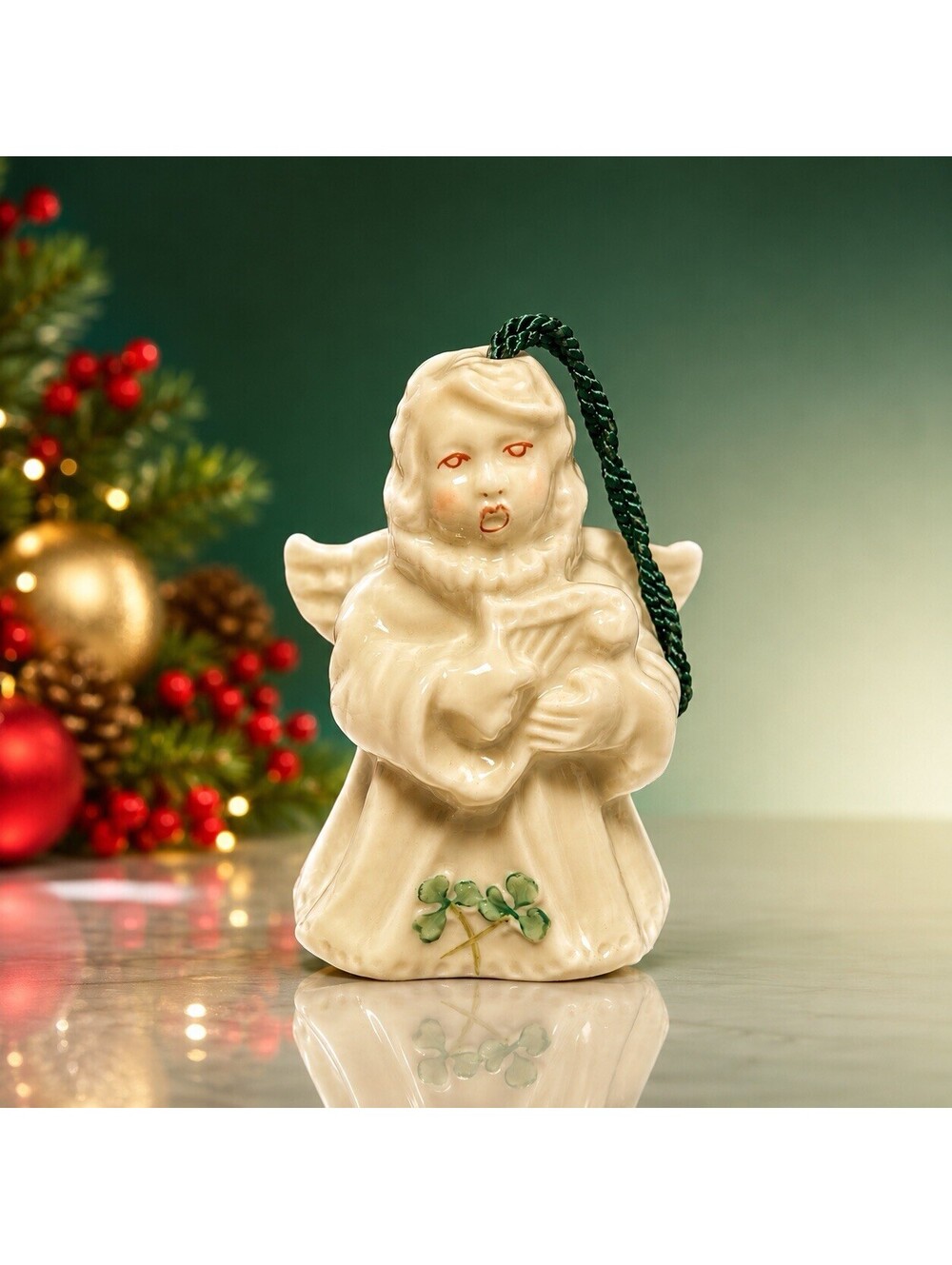 Belleek Ireland 2000 Angel Ornament Bell Harp Shamrock Porcelain, 3.75"